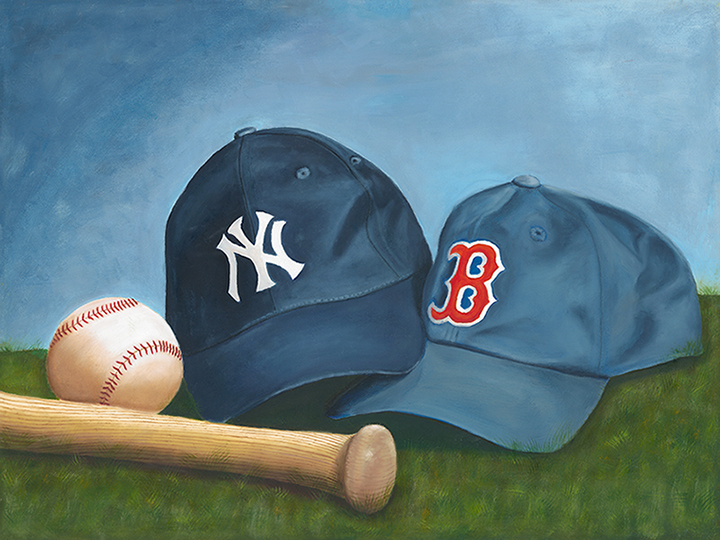 Painting of Red Sox and Yankee Baseball Hats