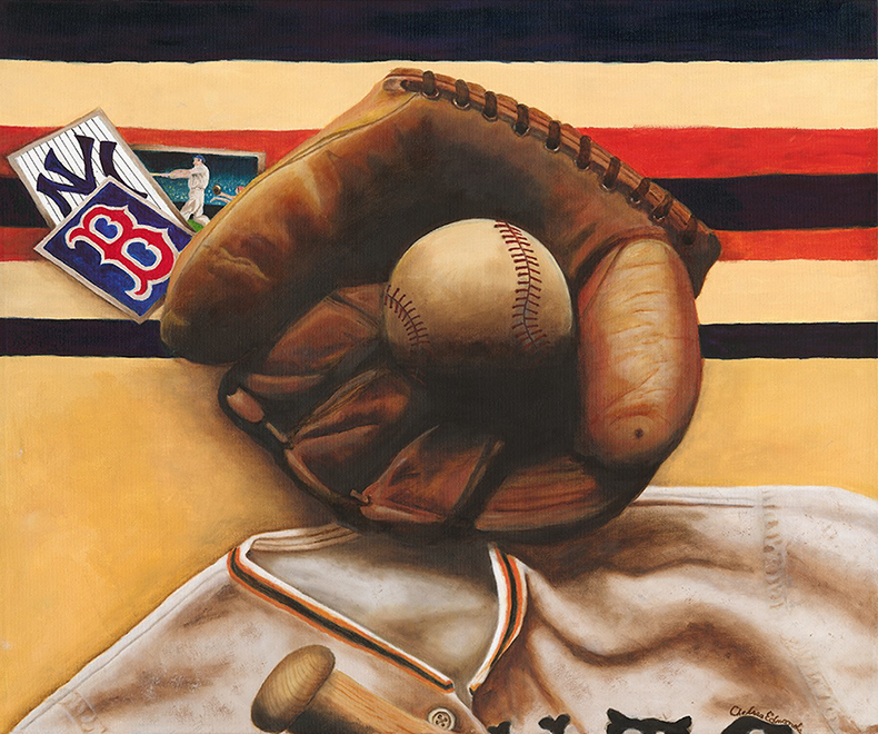 Painting of Baseball Glove with Red Sox and Yankee Themes